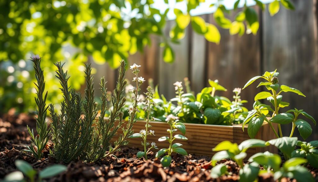 A carefully curated collection of aromatic herbs in a lush, natural setting. Vibrant sprigs of rosemary, thyme, and basil emerge from a rich, earthy foreground, capturing their distinct textures and colors. Dappled sunlight filters through a canopy of verdant leaves, casting a warm, gentle glow over the scene. In the middle ground, a wooden planter box showcases the herbs' delicate flowers, hinting at the flavorful and aromatic potential within. The background features a softly blurred, rustic backdrop, evoking a sense of tranquility and the comforting embrace of nature. Precise, high-resolution photography with a shallow depth of field highlights the intricate details and lush vitality of these captivating aromatic treasures.
