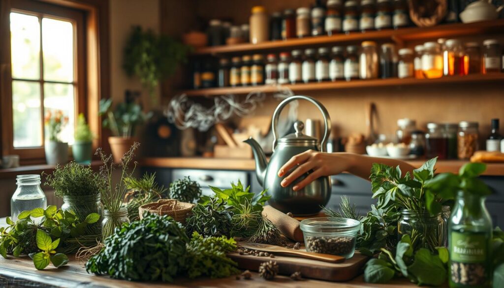 A cozy kitchen scene, warm natural lighting filters through a window, illuminating a variety of homegrown herbs and remedies on a rustic wooden table. In the foreground, a woman's hands expertly chop and prepare an herbal concoction, her focused expression conveying the reverence for this time-honored tradition. In the middle ground, a kettle steams gently, its whistle echoing the harmonious rhythm of daily life. The background reveals a well-stocked pantry, shelves overflowing with jars of natural tonics and tinctures, a testament to the integration of herbal remedies into the fabric of everyday living.