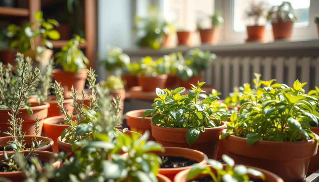 A cozy, well-lit indoor garden scene featuring a collection of potted herbs and aromatic plants. In the foreground, rows of terracotta pots hold an assortment of flourishing herbs like rosemary, thyme, and basil, their leaves gently swaying in a soft breeze. The middle ground showcases a wooden plant stand or shelving unit, displaying additional potted plants with vibrant green foliage. Sunlight streams in through a nearby window, casting a warm, natural glow over the entire scene. The background is softly blurred, hinting at the tranquil domestic setting. The overall mood is one of calm, inspiration, and the joy of cultivating fresh, fragrant herbs at home.