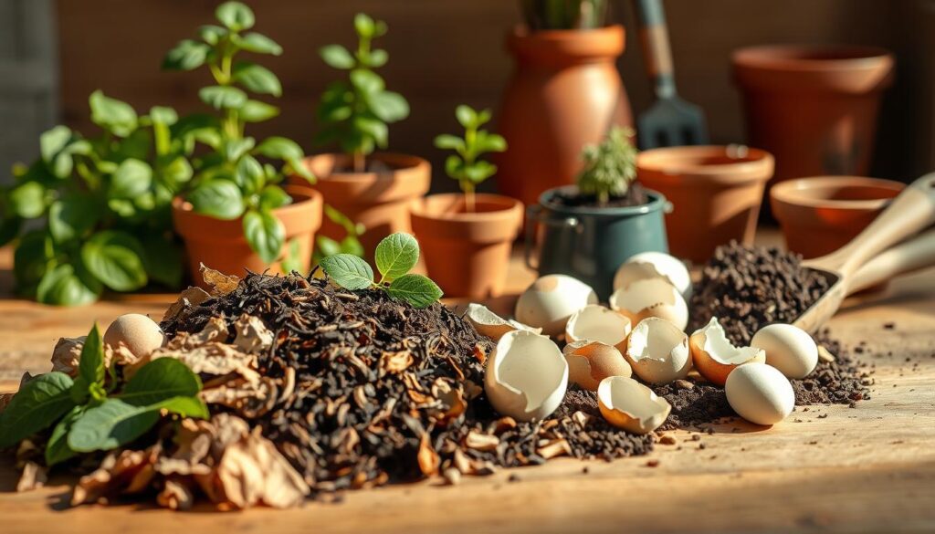 A crisp, well-lit tabletop scene showcasing an assortment of natural fertilizer ingredients. In the foreground, an array of organic materials including compost, dried leaves, eggshells, and coffee grounds are neatly arranged. The middle ground features potted plants, earthenware pots, and garden tools, suggesting a nurturing, eco-friendly environment. The background is softly blurred, creating a sense of depth and focus on the artfully curated selection of ingredients. Warm, natural lighting casts gentle shadows, highlighting the textures and colors of the natural elements. The overall composition conveys a sense of harmony, sustainability, and the thoughtful cultivation of healthy, thriving plants.