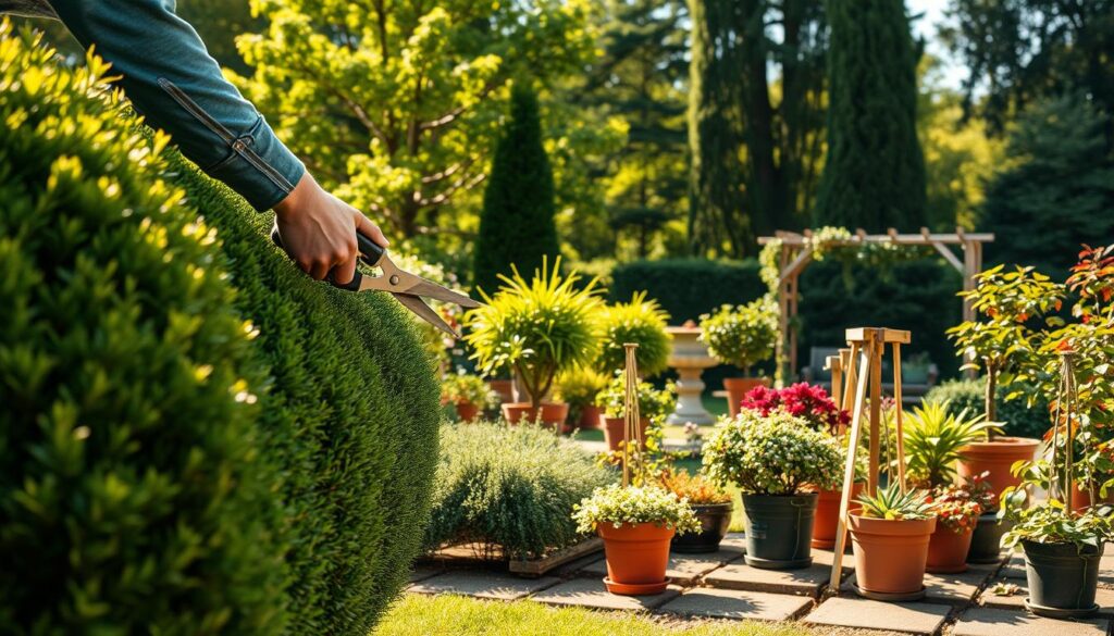 A detailed garden scene showcasing the proper pruning techniques for various plants. In the foreground, a gardener carefully trims a well-manicured hedge with sharp, precision shears, focused on maintaining its elegant, symmetrical shape. In the middle ground, a variety of potted plants and small shrubs stand ready for thoughtful, selective pruning to encourage healthy growth and vibrant foliage. The background features a lush, verdant backdrop of towering trees and a picturesque trellis, setting an idyllic, serene mood. Warm, natural lighting casts gentle shadows, highlighting the gardener's skilled handiwork. The overall composition emphasizes the importance of attentive, careful pruning for the optimal health and aesthetics of a well-maintained garden. A detailed garden scene showcasing the proper pruning techniques for various plants. In the foreground, a gardener carefully trims a well-manicured hedge with sharp, precision shears, focused on maintaining its elegant, symmetrical shape. In the middle ground, a variety of potted plants and small shrubs stand ready for thoughtful, selective pruning to encourage healthy growth and vibrant foliage. The background features a lush, verdant backdrop of towering trees and a picturesque trellis, setting an idyllic, serene mood. Warm, natural lighting casts gentle shadows, highlighting the gardener's skilled handiwork. The overall composition emphasizes the importance of attentive, careful pruning for the optimal health and aesthetics of a well-maintained garden.