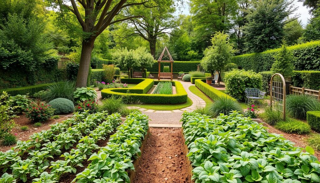 A functional garden design showcasing a harmonious blend of practicality and aesthetics. In the foreground, a well-organized vegetable patch with rows of thriving crops, complemented by a small herb garden. The middle ground features a meandering path lined with neatly trimmed hedges, leading to a charming seating area surrounded by a variety of flowering plants. In the background, a lush and diverse mix of trees and shrubs create a natural, inviting ambiance, with dappled sunlight filtering through the canopy. The overall composition reflects a thoughtful balance between function and form, creating a visually appealing and productive outdoor space. A functional garden design showcasing a harmonious blend of practicality and aesthetics. In the foreground, a well-organized vegetable patch with rows of thriving crops, complemented by a small herb garden. The middle ground features a meandering path lined with neatly trimmed hedges, leading to a charming seating area surrounded by a variety of flowering plants. In the background, a lush and diverse mix of trees and shrubs create a natural, inviting ambiance, with dappled sunlight filtering through the canopy. The overall composition reflects a thoughtful balance between function and form, creating a visually appealing and productive outdoor space.