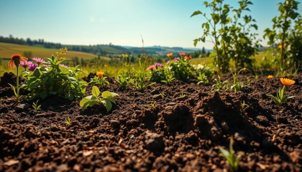 A lush garden in a sun-dappled meadow, showcasing the natural improvement of soil through the application of organic fertilizers. In the foreground, a rich, dark soil teems with life, nourished by a liberal sprinkling of compost and aged manure. Mid-ground, verdant plants and vibrant flowers thrive, their roots anchored in the rejuvenated earth. In the background, a bucolic landscape unfolds, with rolling hills and a distant, azure sky. The scene is bathed in a warm, golden light, conveying a sense of harmony and the restorative power of nature's own garden amendments.