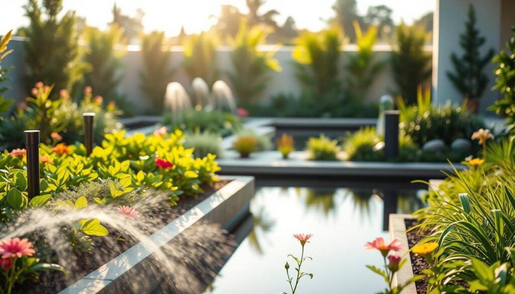 A lush, modern garden showcasing a smart irrigation system. In the foreground, verdant plants and flowers thrive under warm, natural lighting, their vibrant hues accentuated by a sleek, minimalist watering setup. The midground features a series of discreet, touch-sensitive control panels blending seamlessly into the landscape, allowing for precise, automated management of water flow and soil moisture levels. In the background, a tranquil pond reflects the clean, angular lines of the surrounding architecture, complementing the overall sophisticated, high-tech aesthetic. The scene conveys a sense of harmony between technology and nature, exemplifying sustainable, forward-thinking approaches to home gardening. A lush, modern garden showcasing a smart irrigation system. In the foreground, verdant plants and flowers thrive under warm, natural lighting, their vibrant hues accentuated by a sleek, minimalist watering setup. The midground features a series of discreet, touch-sensitive control panels blending seamlessly into the landscape, allowing for precise, automated management of water flow and soil moisture levels. In the background, a tranquil pond reflects the clean, angular lines of the surrounding architecture, complementing the overall sophisticated, high-tech aesthetic. The scene conveys a sense of harmony between technology and nature, exemplifying sustainable, forward-thinking approaches to home gardening.