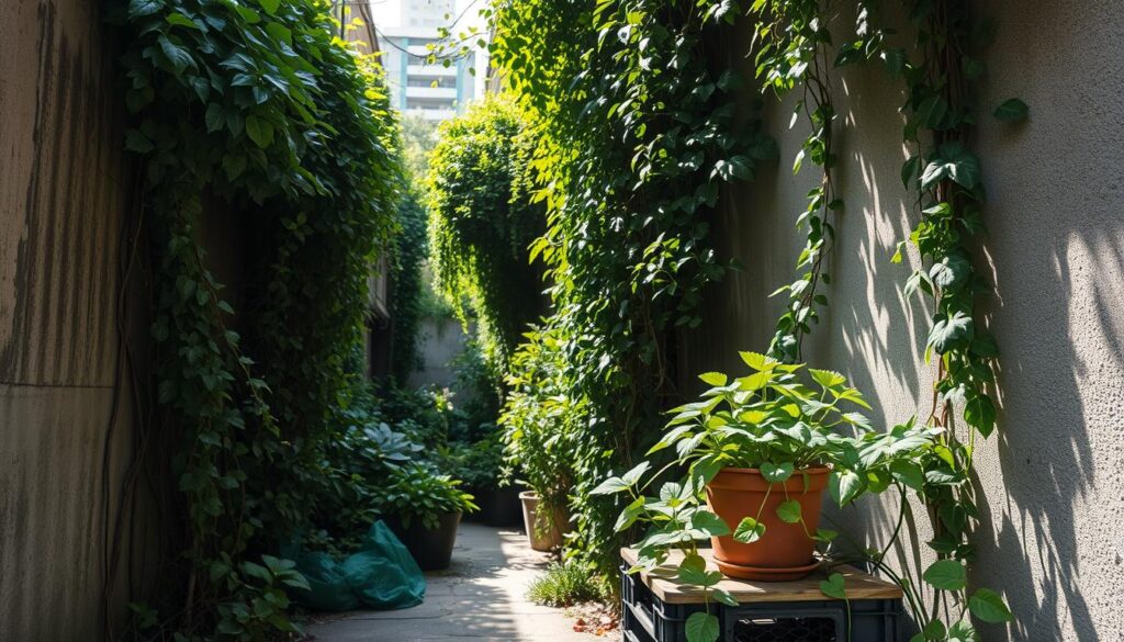 A lush, overgrown garden in a cramped, concrete alleyway. Trailing vines and tall, bushy plants spill over the narrow path, creating a sense of claustrophobia and disorder. Sunlight filters through the dense foliage, casting dappled shadows on the cracked pavement. In the foreground, a potted plant sits awkwardly on a discarded crate, its leaves wilting from lack of space and proper care. The overall scene conveys a feeling of plants being out of place, struggling to thrive in an environment unsuited for their needs. A lush, overgrown garden in a cramped, concrete alleyway. Trailing vines and tall, bushy plants spill over the narrow path, creating a sense of claustrophobia and disorder. Sunlight filters through the dense foliage, casting dappled shadows on the cracked pavement. In the foreground, a potted plant sits awkwardly on a discarded crate, its leaves wilting from lack of space and proper care. The overall scene conveys a feeling of plants being out of place, struggling to thrive in an environment unsuited for their needs.