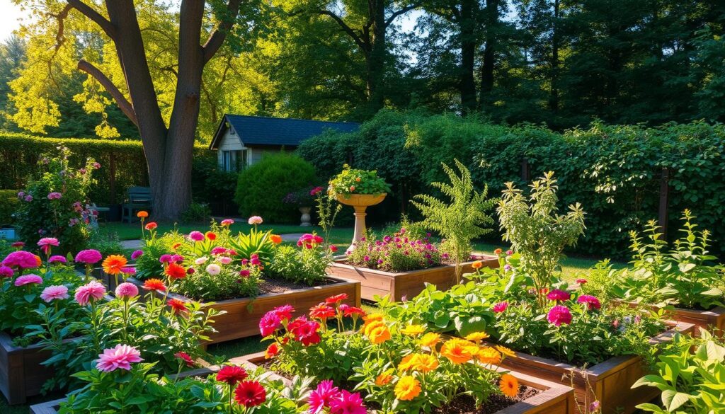 A lush, thriving sustainable garden nestled in a cozy backyard. In the foreground, vibrant flowers and vegetables flourish in well-tended raised beds, their colors popping under the warm, golden sunlight. Towering trees and verdant shrubs create a layered, natural backdrop, casting soft, dappled shadows across the scene. A small water feature, such as a birdbath or mini-pond, reflects the tranquil sky above. The overall atmosphere conveys a sense of harmony, where nature and human stewardship coexist in perfect balance, showcasing the ecological and economic benefits of a sustainable home garden. A lush, thriving sustainable garden nestled in a cozy backyard. In the foreground, vibrant flowers and vegetables flourish in well-tended raised beds, their colors popping under the warm, golden sunlight. Towering trees and verdant shrubs create a layered, natural backdrop, casting soft, dappled shadows across the scene. A small water feature, such as a birdbath or mini-pond, reflects the tranquil sky above. The overall atmosphere conveys a sense of harmony, where nature and human stewardship coexist in perfect balance, showcasing the ecological and economic benefits of a sustainable home garden.