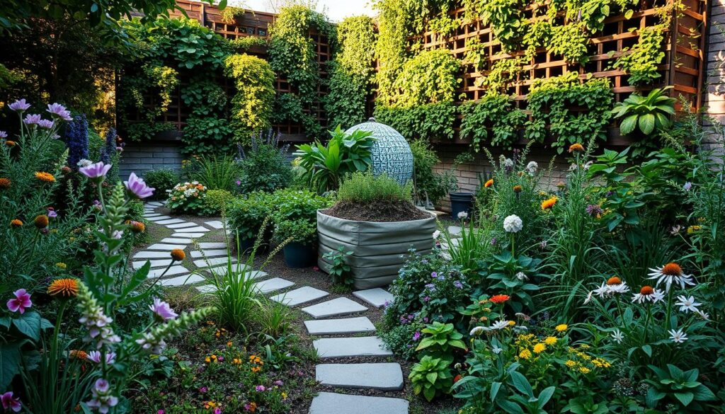 A lush, verdant garden filled with a harmonious blend of organic materials. In the foreground, a vibrant array of native plants and flowers, their petals and leaves swaying gently in the soft breeze. Intertwined throughout are winding paths of natural stone, inviting visitors to explore the serene space. In the middle ground, a compost bin overflows with nutrient-rich organic matter, nourishing the thriving ecosystem. In the background, a towering wall of vertical garden beds, their cascading greenery filtering the golden afternoon sunlight. The scene exudes a sense of balance and sustainability, a holistic approach to creating a thriving, self-sustaining garden oasis. A lush, verdant garden filled with a harmonious blend of organic materials. In the foreground, a vibrant array of native plants and flowers, their petals and leaves swaying gently in the soft breeze. Intertwined throughout are winding paths of natural stone, inviting visitors to explore the serene space. In the middle ground, a compost bin overflows with nutrient-rich organic matter, nourishing the thriving ecosystem. In the background, a towering wall of vertical garden beds, their cascading greenery filtering the golden afternoon sunlight. The scene exudes a sense of balance and sustainability, a holistic approach to creating a thriving, self-sustaining garden oasis.