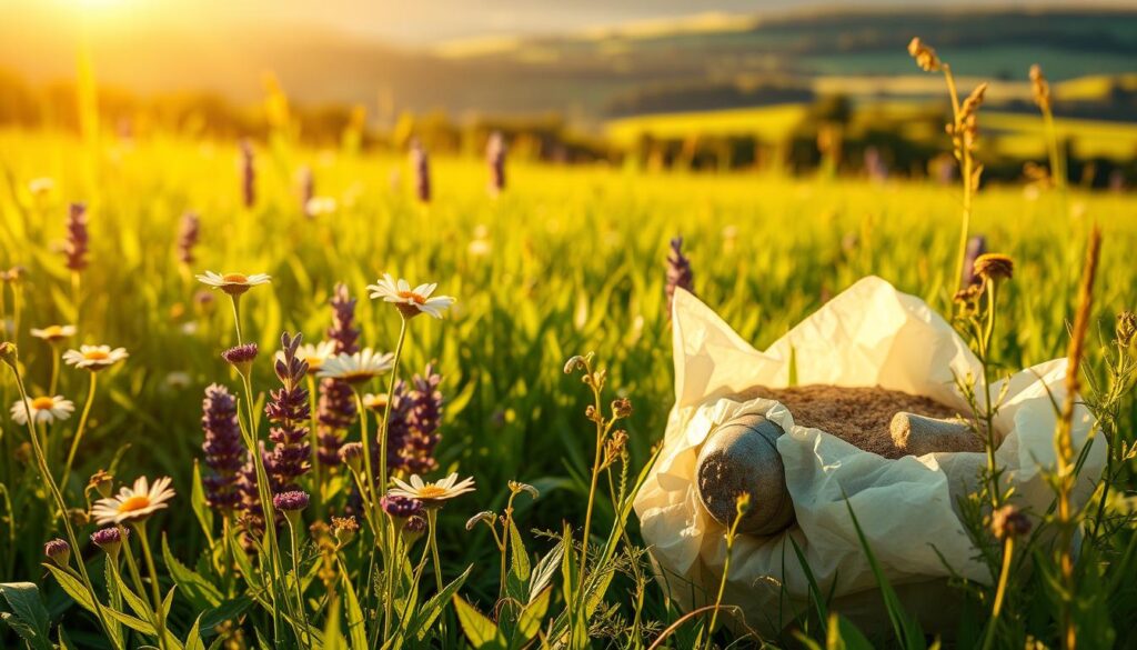 A lush, verdant meadow bathed in warm, golden sunlight. In the foreground, a variety of vibrant, aromatic medicinal plants sway gently in a soft breeze: chamomile, lavender, and comfrey, their delicate petals and leaves casting intricate shadows on the fertile soil. The middle ground features a close-up view of a soothing herbal compress, its soothing fragrance wafting through the air, ready to alleviate muscle aches and joint discomfort. In the background, a serene landscape unfolds, with rolling hills and a distant forest, conveying a sense of natural tranquility and healing. The overall mood is one of calm, restorative harmony, inviting the viewer to experience the gentle, therapeutic power of these natural remedies.