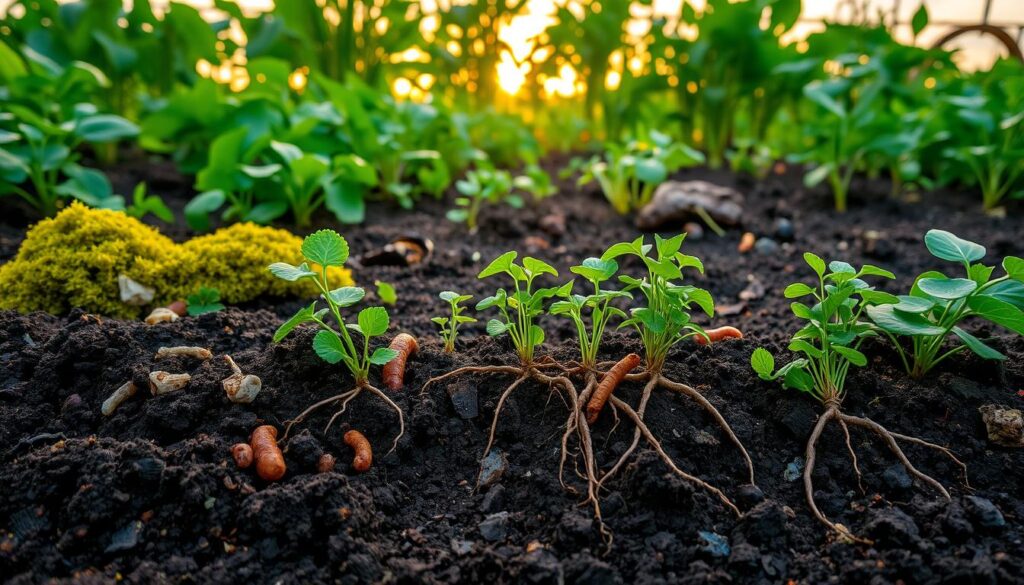 A lush, vibrant garden bed filled with essential soil nutrients. In the foreground, an array of organic materials - compost, peat moss, and earthworm castings - nourish the dark, loamy earth. The middle ground showcases thriving root systems, drawing up vital minerals and trace elements. In the background, a softly lit sky casts a warm, golden glow, reflecting the natural cycle of growth and renewal. The scene conveys a sense of balance and abundance, highlighting the importance of these fundamental building blocks for healthy, thriving plants.