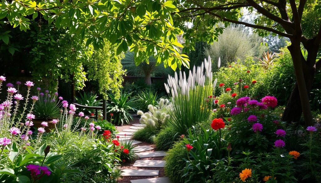 A lush, vibrant garden bursting with native flora. A tranquil, sun-dappled oasis teeming with diverse, drought-tolerant plants. Verdant foliage cascades over meandering garden paths, inviting exploration. Vibrant hues of blooming flowers mingle with the gentle rustling of leaves. Dappled sunlight filters through the canopy, casting a warm, natural glow. Carefully curated arrangements of indigenous species thrive in harmony, creating a haven for local wildlife. Serene, earthy tones and textures evoke a sense of peaceful coexistence with the environment. A visually striking, sustainable landscape that serves as a model for eco-friendly home gardening. A lush, vibrant garden bursting with native flora. A tranquil, sun-dappled oasis teeming with diverse, drought-tolerant plants. Verdant foliage cascades over meandering garden paths, inviting exploration. Vibrant hues of blooming flowers mingle with the gentle rustling of leaves. Dappled sunlight filters through the canopy, casting a warm, natural glow. Carefully curated arrangements of indigenous species thrive in harmony, creating a haven for local wildlife. Serene, earthy tones and textures evoke a sense of peaceful coexistence with the environment. A visually striking, sustainable landscape that serves as a model for eco-friendly home gardening.