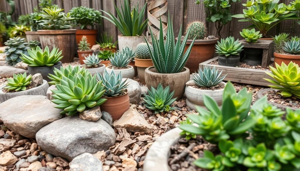 A lush, well-curated garden arrangement showcasing a harmonious selection of potted plants and natural materials. In the foreground, a variety of thriving succulents, cacti, and low-maintenance foliage plants sit atop smooth river rocks and weathered wooden planters. The middle ground features decorative pebbles, mulch, and textured bark fragments, creating a visually striking and tactile surface. In the background, a rustic fence or stone wall provides a subtle but earthy backdrop, allowing the vibrant greenery and earthy tones to take center stage. The lighting is soft and diffused, accentuating the plants' intricate patterns and organic textures. This image conveys a sense of effortless beauty and low-maintenance elegance, ideal for a "Jardines con poco mantenimiento" article section on "Selección de especies y materiales adecuados".