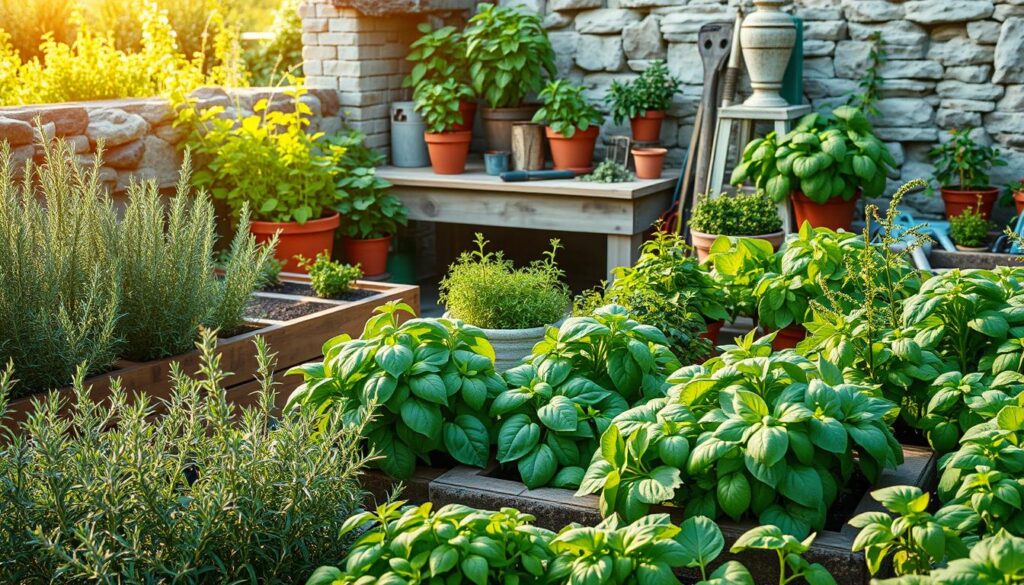 A lush, well-lit herb garden showcasing the essential factors for successful cultivation. In the foreground, a variety of thriving aromatic herbs - rosemary, thyme, basil, and more - arranged in neatly tended raised beds. The middle ground features a weathered wooden potting bench, surrounded by terracotta pots and gardening tools, hinting at the necessary equipment. In the background, a stone wall or fence frames the scene, while a warm, golden afternoon light filters through, creating a serene, inviting atmosphere. Attention to soil quality, water requirements, sunlight exposure, and temperature regulation are subtly implied through the healthy, vibrant plants and the carefully curated accessories.