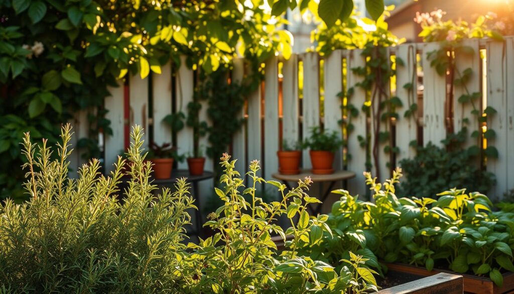 A lush, well-tended urban herb garden, bathed in warm, golden afternoon sunlight filtering through a canopy of leafy greens. In the foreground, a vibrant array of fragrant herbs - rosemary, thyme, oregano, and basil - growing in a raised planter box, their leaves gently swaying in a soft breeze. In the middle ground, a small table with terracotta pots holds additional plants, their delicate flowers adding pops of color. The background features a weathered, whitewashed fence adorned with climbing vines, creating a sense of cozy enclosure and privacy. The overall scene exudes a feeling of tranquility, inviting the viewer to pause and appreciate the beauty and bounty of a carefully cultivated, homegrown urban oasis.