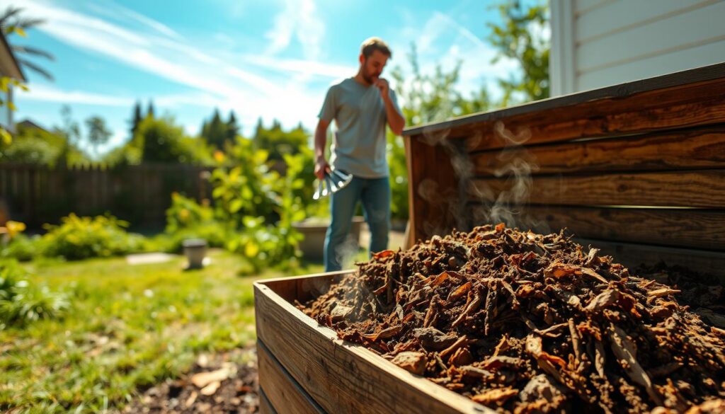 A neatly organized home composting setup in a bright, airy backyard. In the foreground, a large, open compost bin filled with decomposing organic matter, steam gently rising. In the middle ground, a person in casual clothing carefully turning the compost with a pitchfork, their face obscured. In the background, lush, green vegetation and a clear, blue sky with wispy clouds. The lighting is warm and natural, creating a serene, peaceful atmosphere. The camera angle is slightly elevated, capturing the efficient, eco-friendly process of transforming household waste into nutrient-rich soil.