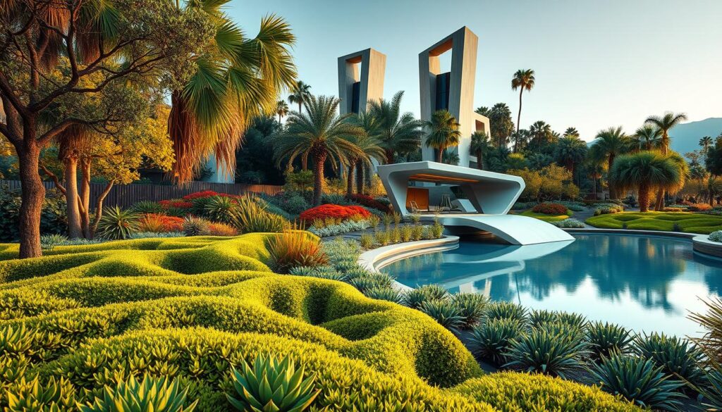 A vibrant, futuristic landscape showcasing innovative landscaping trends. In the foreground, lush, undulating gardens featuring a diverse array of drought-tolerant, low-maintenance native plants. The middle ground highlights a striking modern water feature, its smooth surface reflecting the surrounding greenery. In the background, towering, geometric structures made of sustainable materials blend seamlessly with the natural environment, creating a harmonious, eco-friendly oasis. Warm, diffused lighting bathes the scene, lending a sense of tranquility and wonder. Captured through a wide-angle lens, the composition emphasizes the seamless integration of architecture and nature, embodying the essence of low-maintenance, cutting-edge landscaping.