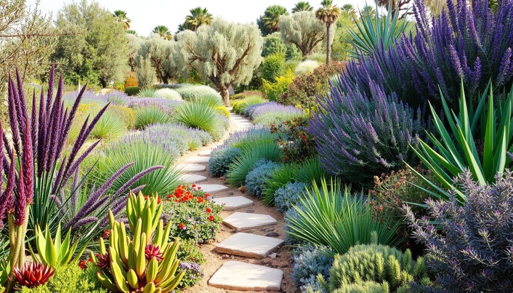 A vibrant, low-maintenance Mediterranean garden in natural lighting. In the foreground, a lush mixture of drought-tolerant succulents, cacti, and ornamental grasses in varied textures and shades of green, purple, and blue. In the middle ground, a small stone pathway winds through the plants, leading the eye towards the background. Here, a mix of olive trees, lavender bushes, and other fragrant, evergreen Mediterranean flora create a tranquil, sun-dappled oasis. The overall composition conveys a sense of balance, simplicity, and effortless beauty, perfect for a low-maintenance garden in a warm, dry climate.