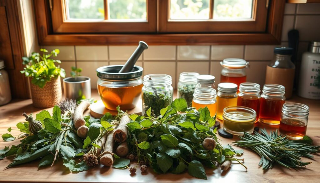 A well-lit kitchen counter, displaying a variety of homemade remedies. In the foreground, an array of freshly harvested herbs, leaves, and roots, neatly arranged. In the middle ground, a mortar and pestle, a saucepan simmering with a fragrant herbal infusion, and glass jars filled with tinctures and salves. The background showcases a window overlooking a lush garden, bathed in soft, natural lighting. The overall atmosphere conveys a sense of tranquility, dedication, and the age-old tradition of crafting natural, wholesome remedies.