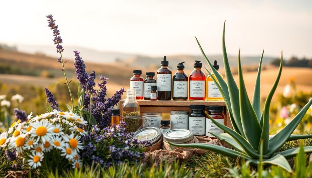 An idyllic garden scene showcasing the benefits of natural remedies. In the foreground, a variety of medicinal plants - chamomile, lavender, and aloe vera - are displayed in a carefully arranged still life, their vibrant colors and textures inviting the viewer to appreciate their natural healing properties. In the middle ground, a wooden table supports an array of herbal tinctures, teas, and salves, their labels indicating the ailments they can address. The background features a soft, warm-toned landscape with rolling hills and a cloudless sky, conveying a sense of tranquility and well-being. Soft, diffused lighting creates a soothing, natural ambiance, highlighting the therapeutic qualities of these homegrown remedies.