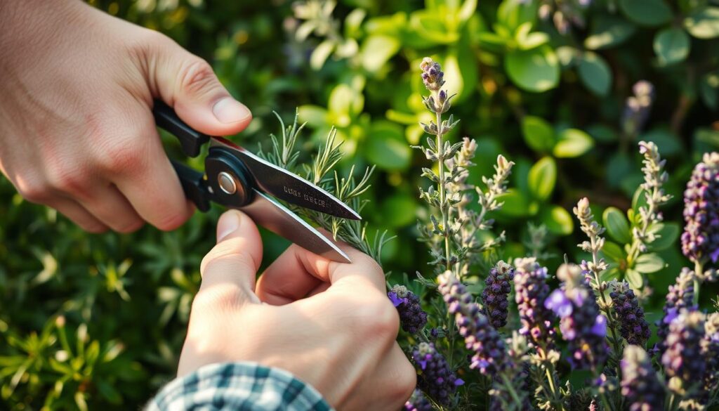 Detailed close-up of a gardener's hands carefully pruning aromatic herbs with sharp pruning shears, showcasing the precise techniques of trimming and shaping various herb plants such as rosemary, thyme, and lavender. The scene is set against a vibrant, lush green backdrop of healthy herb foliage, illuminated by soft, natural lighting that highlights the delicate textures and colors of the plants. The overall composition emphasizes the meticulous care and attention required to maintain thriving aromatic herb gardens.