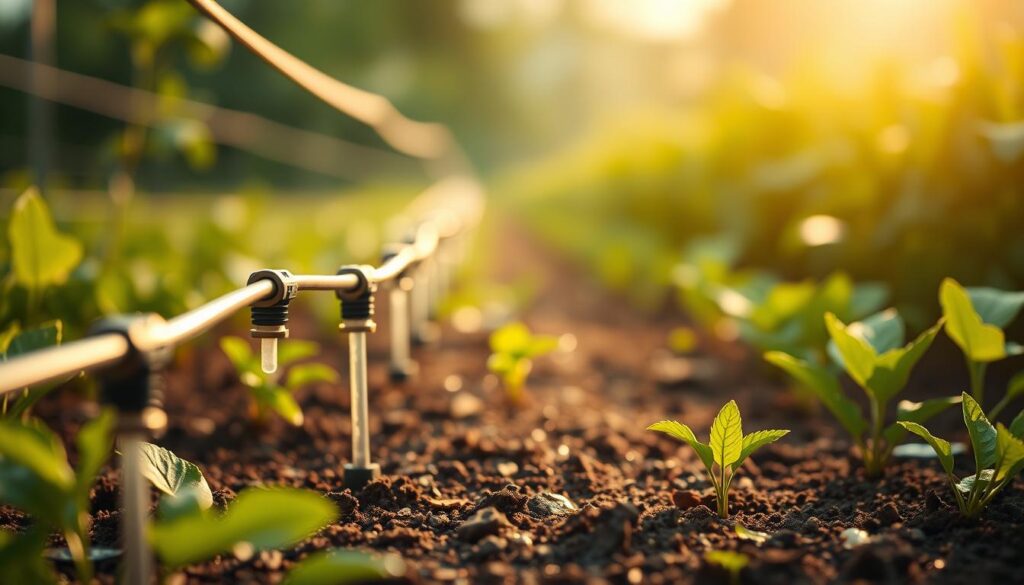 Detailed close-up shot of a modern drip irrigation system, featuring a network of thin, flexible tubing and emitters evenly spaced throughout a lush, verdant garden. The emitters gently disperse water droplets onto the soil, providing targeted and efficient hydration to the plant roots. The system is situated against a backdrop of rich, earthy tones, with a slight hazy, soft-focus effect to create a serene, naturalistic atmosphere. Lighting is diffused and slightly golden, conveying a sense of warmth and tranquility. The overall composition emphasizes the intricate, functional design of the irrigation components and their seamless integration with the thriving plant life. Detailed close-up shot of a modern drip irrigation system, featuring a network of thin, flexible tubing and emitters evenly spaced throughout a lush, verdant garden. The emitters gently disperse water droplets onto the soil, providing targeted and efficient hydration to the plant roots. The system is situated against a backdrop of rich, earthy tones, with a slight hazy, soft-focus effect to create a serene, naturalistic atmosphere. Lighting is diffused and slightly golden, conveying a sense of warmth and tranquility. The overall composition emphasizes the intricate, functional design of the irrigation components and their seamless integration with the thriving plant life.