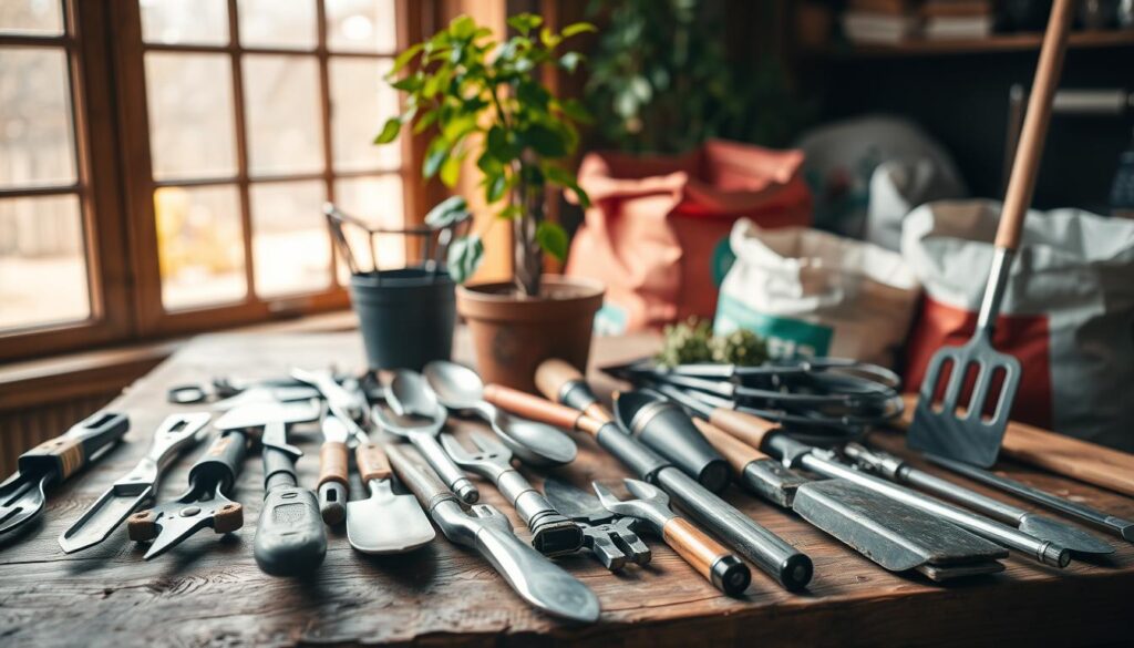 Detailed garden tools arranged on a rustic wooden table, illuminated by warm natural light filtering through a large window. In the foreground, a variety of hand tools used for transplanting, including trowels, pruners, and gloves. In the middle, larger implements like spades and forks, their metal surfaces gleaming. In the background, a potted plant ready for relocation, accompanied by bags of soil and compost. The overall scene conveys a sense of preparation and care for a successful transplanting process. Detailed garden tools arranged on a rustic wooden table, illuminated by warm natural light filtering through a large window. In the foreground, a variety of hand tools used for transplanting, including trowels, pruners, and gloves. In the middle, larger implements like spades and forks, their metal surfaces gleaming. In the background, a potted plant ready for relocation, accompanied by bags of soil and compost. The overall scene conveys a sense of preparation and care for a successful transplanting process.