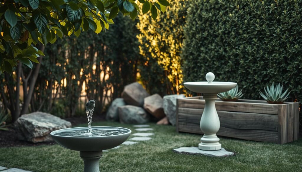 Elementos decorativos funcionales: a serene garden oasis with minimalist, yet visually captivating, decor elements. In the foreground, a sleek, modern birdbath with flowing water invites feathered visitors. The middle ground features strategically placed boulders and weathered wood planters, adorned with lush, low-maintenance succulents. In the background, a neatly trimmed hedge frames the scene, creating a sense of enclosure and privacy. Warm, diffused lighting filters through the leaves, casting soft shadows and imbuing the space with a tranquil, low-maintenance ambiance. The overall composition emphasizes functionality, texture, and a harmonious integration of natural and man-made elements.