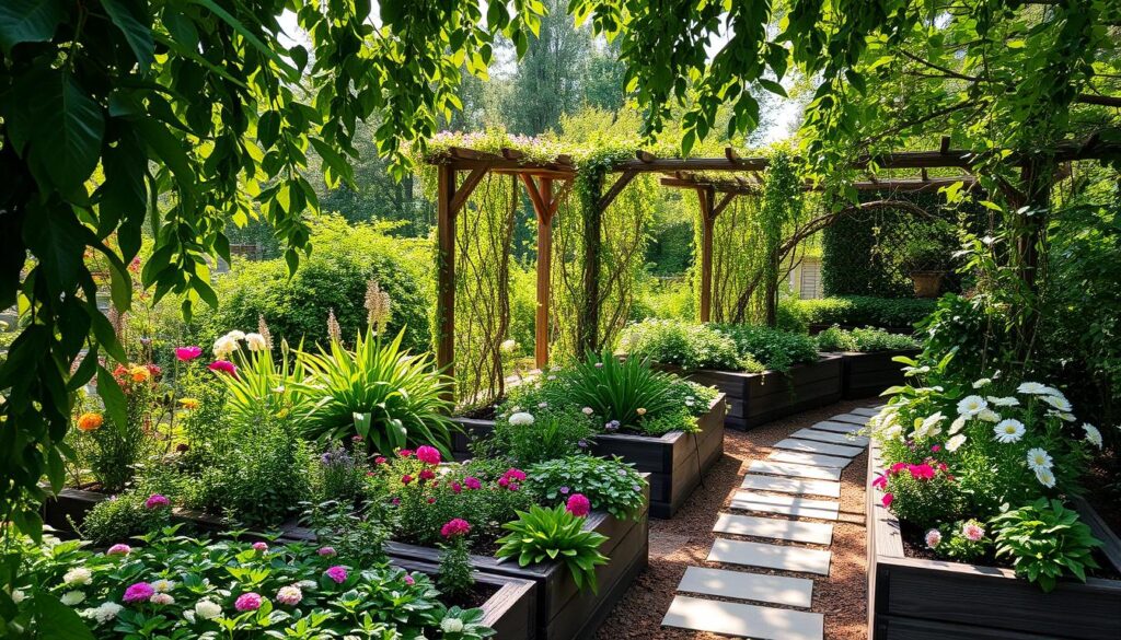 Lush, thriving garden in a serene, sun-dappled setting. Verdant foliage cascades over raised garden beds filled with a diverse array of flourishing plants. Colorful flowers in bloom dot the landscape, creating a tapestry of vibrant hues. A stone path meanders through the space, inviting exploration. Rustic wooden trellises support trailing vines, blending harmoniously with the natural elements. Soft, diffused lighting filters through the canopy, casting a warm, tranquil atmosphere. This sustainable oasis exudes a sense of balance, where nature and human design coexist in perfect harmony. Lush, thriving garden in a serene, sun-dappled setting. Verdant foliage cascades over raised garden beds filled with a diverse array of flourishing plants. Colorful flowers in bloom dot the landscape, creating a tapestry of vibrant hues. A stone path meanders through the space, inviting exploration. Rustic wooden trellises support trailing vines, blending harmoniously with the natural elements. Soft, diffused lighting filters through the canopy, casting a warm, tranquil atmosphere. This sustainable oasis exudes a sense of balance, where nature and human design coexist in perfect harmony.