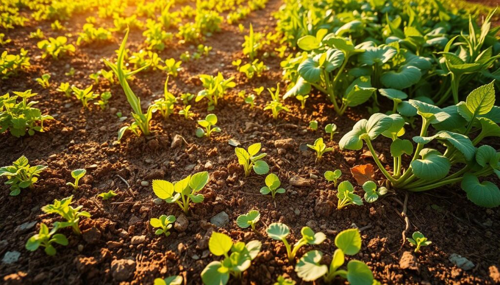 Lush, verdant agricultural field bathed in warm, golden sunlight. Soil rich with organic matter, interspersed with vibrant crops and verdant foliage. Intricate root systems visible, highlighting the distribution of essential nutrients throughout the plant life. Subtle hues of green, brown, and earthy tones convey the harmony of a thriving, sustainable ecosystem. Captured through a wide-angle lens to showcase the expansive, panoramic view of the nutrient-rich cultivation. The scene exudes a sense of balance, productivity, and environmental stewardship.