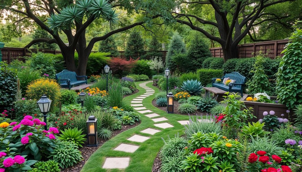 Lush, well-planned garden with diverse, low-maintenance plantings arranged in harmonious layouts. Vibrant yet calming color palette of green foliage, blooming flowers, and natural wood elements. Meandering pathways invite exploration, leading the eye through neatly defined zones for seating, gardening, and relaxation. Soft, diffused lighting from strategically placed lanterns casts a warm, inviting glow in the evening. Overhead, a canopy of mature trees filters dappled sunlight, creating depth and texture. The entire scene exudes a sense of balance, efficiency, and effortless beauty - a tranquil oasis requiring minimal upkeep.