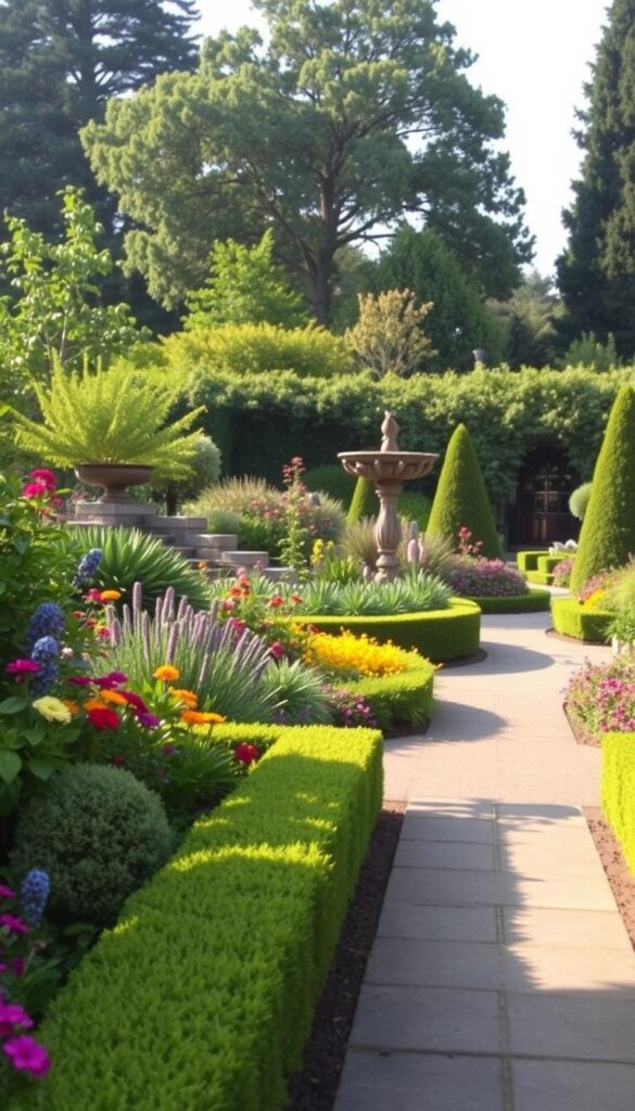 A lush, meticulously designed garden with a harmonious blend of vibrant flora and well-curated hardscaping elements. In the foreground, a serene pathway lined with neatly trimmed hedges and colorful flowering plants, leading the eye towards a focal point, such as a tranquil water feature or a sculptural piece. The middle ground showcases a mix of diverse plant species, their shapes and textures complementing each other to create visual interest. In the background, a backdrop of mature trees and shrubs provides a sense of depth and privacy, casting warm, diffused lighting across the scene. The overall composition conveys a sense of balance, symmetry, and intentional design, reflecting the thoughtful planning and execution of an expertly crafted garden space. A lush, meticulously designed garden with a harmonious blend of vibrant flora and well-curated hardscaping elements. In the foreground, a serene pathway lined with neatly trimmed hedges and colorful flowering plants, leading the eye towards a focal point, such as a tranquil water feature or a sculptural piece. The middle ground showcases a mix of diverse plant species, their shapes and textures complementing each other to create visual interest. In the background, a backdrop of mature trees and shrubs provides a sense of depth and privacy, casting warm, diffused lighting across the scene. The overall composition conveys a sense of balance, symmetry, and intentional design, reflecting the thoughtful planning and execution of an expertly crafted garden space.