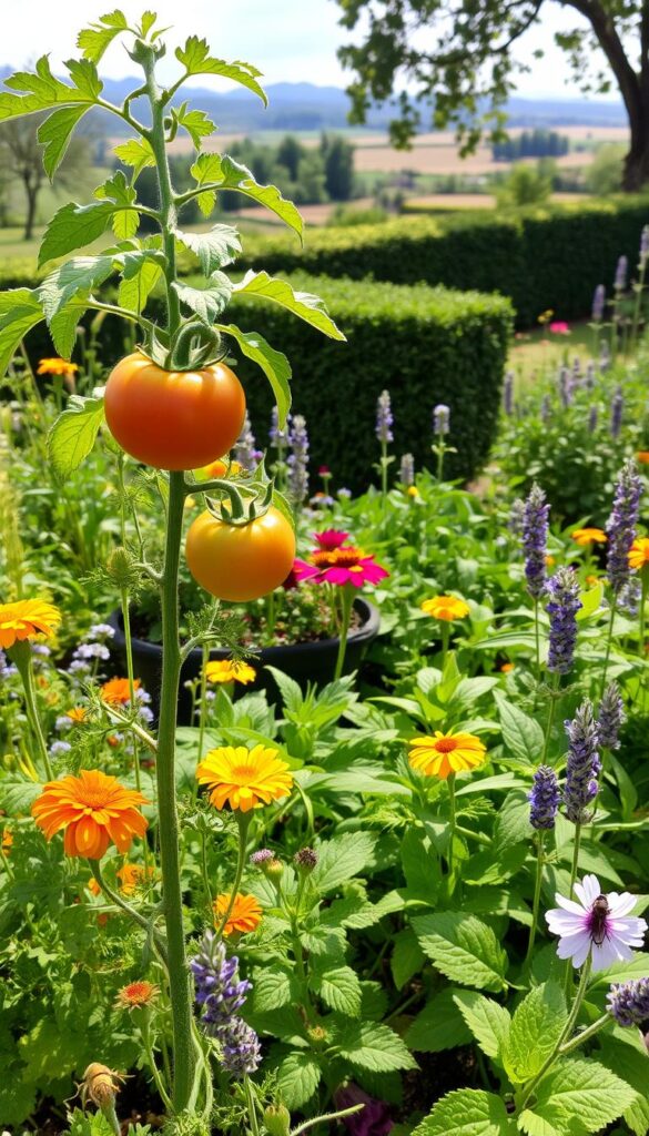 A lush, well-tended garden filled with vibrant flora and verdant foliage. In the foreground, a healthy tomato plant stands tall, its leaves rustling in a gentle breeze. Surrounding it, a diverse array of companion plants - fragrant herbs, colorful flowers, and leafy greens - create a visually appealing and organically balanced ecosystem. The middle ground showcases a variety of strategically placed natural pest deterrents, such as aromatic marigolds, fragrant lavender, and predatory insects perched on delicate stems. In the background, a picturesque landscape unfolds, with a neatly trimmed hedge, a thriving vegetable patch, and a touch of dappled sunlight filtering through the canopy of a mature tree. The overall scene conveys a sense of harmony, where the garden's inhabitants coexist in a delicate balance, free from the intrusion of harmful pests and diseases. A lush, well-tended garden filled with vibrant flora and verdant foliage. In the foreground, a healthy tomato plant stands tall, its leaves rustling in a gentle breeze. Surrounding it, a diverse array of companion plants - fragrant herbs, colorful flowers, and leafy greens - create a visually appealing and organically balanced ecosystem. The middle ground showcases a variety of strategically placed natural pest deterrents, such as aromatic marigolds, fragrant lavender, and predatory insects perched on delicate stems. In the background, a picturesque landscape unfolds, with a neatly trimmed hedge, a thriving vegetable patch, and a touch of dappled sunlight filtering through the canopy of a mature tree. The overall scene conveys a sense of harmony, where the garden's inhabitants coexist in a delicate balance, free from the intrusion of harmful pests and diseases.