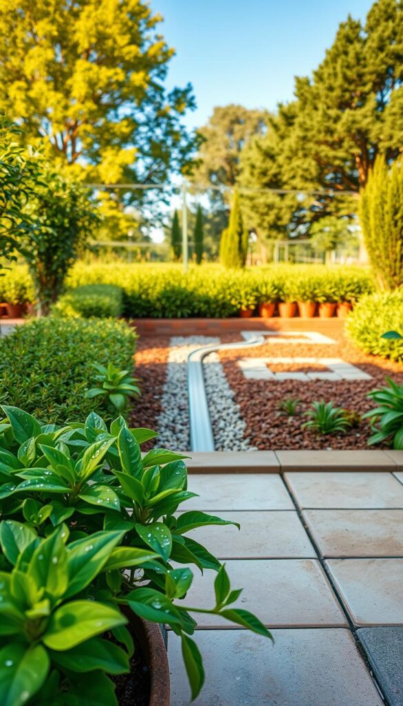 A lush, well-tended garden with a focus on efficient irrigation and effective drainage. In the foreground, a neatly tiled patio surrounded by vibrant, healthy plants, their leaves glistening with water droplets. In the middle ground, a carefully constructed drainage system, with gently sloping channels and strategically placed gravel beds, directing excess moisture away from the soil. The background features a verdant backdrop of mature trees and a clear, blue sky, creating a calm and serene atmosphere. Warm, natural lighting illuminates the scene, highlighting the harmonious integration of the garden's various elements. The overall composition conveys the importance of a balanced, eco-friendly approach to gardening, where water management is a key factor in maintaining a thriving, low-maintenance outdoor space. A lush, well-tended garden with a focus on efficient irrigation and effective drainage. In the foreground, a neatly tiled patio surrounded by vibrant, healthy plants, their leaves glistening with water droplets. In the middle ground, a carefully constructed drainage system, with gently sloping channels and strategically placed gravel beds, directing excess moisture away from the soil. The background features a verdant backdrop of mature trees and a clear, blue sky, creating a calm and serene atmosphere. Warm, natural lighting illuminates the scene, highlighting the harmonious integration of the garden's various elements. The overall composition conveys the importance of a balanced, eco-friendly approach to gardening, where water management is a key factor in maintaining a thriving, low-maintenance outdoor space.