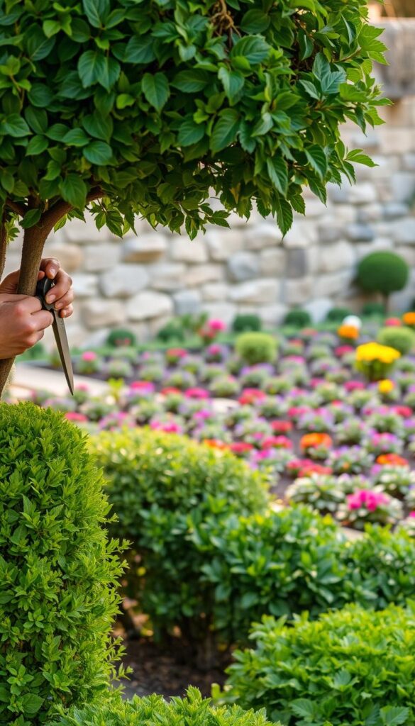 A well-manicured garden with a gardener carefully pruning a healthy, lush shrub in the foreground. The middle ground showcases a variety of vibrant, thriving plants in neat, organized beds. In the background, a stone wall or fence frames the scene, conveying a sense of order and intentional design. Warm, natural lighting casts a soft glow, highlighting the textures of the leaves and flowers. The composition emphasizes the importance of proper pruning and maintenance to the overall aesthetics and vitality of the garden. A well-manicured garden with a gardener carefully pruning a healthy, lush shrub in the foreground. The middle ground showcases a variety of vibrant, thriving plants in neat, organized beds. In the background, a stone wall or fence frames the scene, conveying a sense of order and intentional design. Warm, natural lighting casts a soft glow, highlighting the textures of the leaves and flowers. The composition emphasizes the importance of proper pruning and maintenance to the overall aesthetics and vitality of the garden.