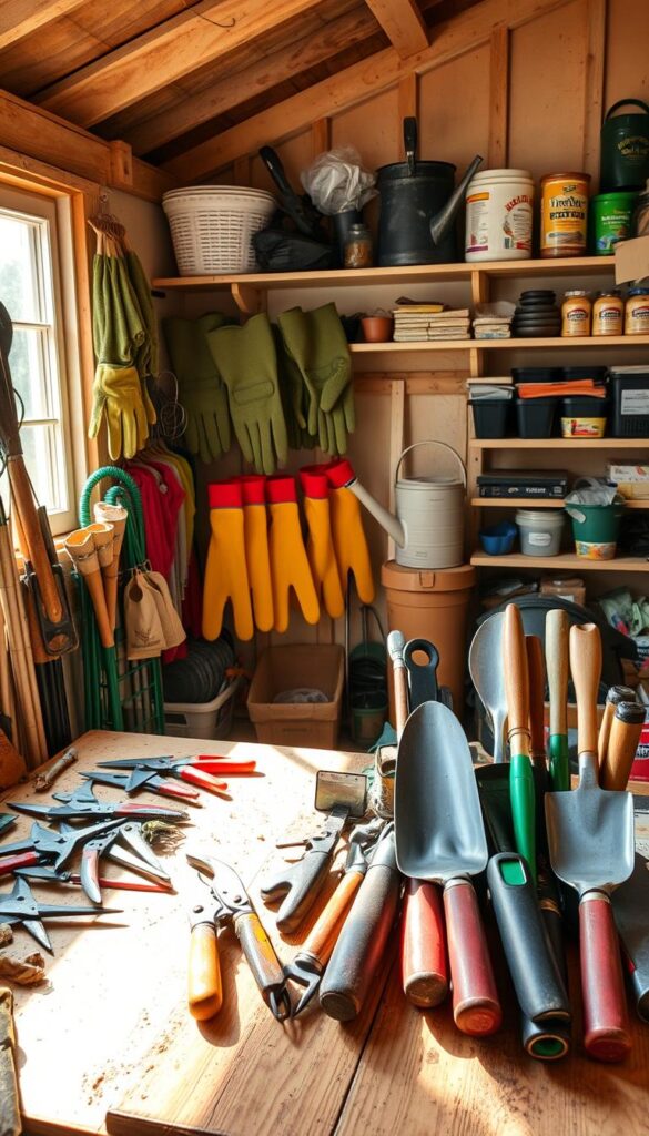 A well-organized garden shed filled with various hand tools and gardening equipment. In the foreground, a collection of essential gardening tools such as pruning shears, trowels, spades, and hand cultivators are neatly arranged on a wooden workbench, bathed in warm, natural sunlight streaming through a window. In the middle ground, a rack of gardening gloves, knee pads, and a watering can stand ready for use. The background showcases shelves stocked with potting soil, seeds, and other gardening supplies, all presented in a clean, well-maintained space that exudes a sense of efficiency and organization. A well-organized garden shed filled with various hand tools and gardening equipment. In the foreground, a collection of essential gardening tools such as pruning shears, trowels, spades, and hand cultivators are neatly arranged on a wooden workbench, bathed in warm, natural sunlight streaming through a window. In the middle ground, a rack of gardening gloves, knee pads, and a watering can stand ready for use. The background showcases shelves stocked with potting soil, seeds, and other gardening supplies, all presented in a clean, well-maintained space that exudes a sense of efficiency and organization.