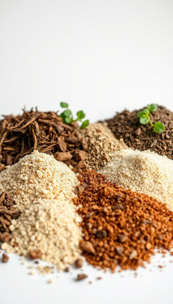 Detailed side-by-side comparison of various organic fertilizers and soil amendments, captured in a crisp, well-lit studio photograph. Meticulously arranged samples of compost, manure, bone meal, and other natural inputs occupy the foreground, with a clean white background providing focus. Shallow depth of field emphasizes the textures and colors of the organic materials. Warm, natural lighting casts subtle shadows, accentuating the organic forms. The overall composition strikes a balance between informative display and aesthetic appeal, capturing the essence of essential nutrients for healthy gardening. Detailed side-by-side comparison of various organic fertilizers and soil amendments, captured in a crisp, well-lit studio photograph. Meticulously arranged samples of compost, manure, bone meal, and other natural inputs occupy the foreground, with a clean white background providing focus. Shallow depth of field emphasizes the textures and colors of the organic materials. Warm, natural lighting casts subtle shadows, accentuating the organic forms. The overall composition strikes a balance between informative display and aesthetic appeal, capturing the essence of essential nutrients for healthy gardening.