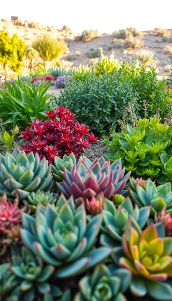 Lush, vibrant plants adapted to diverse climates and soils, thriving in a serene garden setting. A foreground showcase of drought-resistant succulents, their intricate textures and colors creating a captivating focal point. In the middle ground, verdant foliage of plants suited to the local climate, their leaves catching the warm, diffused light. The background frames the scene with a natural, earthy landscape, hinting at the varied soil types and environmental conditions that enable these diverse flora to flourish. Captured with a shallow depth of field, emphasizing the harmonious coexistence of these expertly selected, adaptable plants. Lush, vibrant plants adapted to diverse climates and soils, thriving in a serene garden setting. A foreground showcase of drought-resistant succulents, their intricate textures and colors creating a captivating focal point. In the middle ground, verdant foliage of plants suited to the local climate, their leaves catching the warm, diffused light. The background frames the scene with a natural, earthy landscape, hinting at the varied soil types and environmental conditions that enable these diverse flora to flourish. Captured with a shallow depth of field, emphasizing the harmonious coexistence of these expertly selected, adaptable plants.