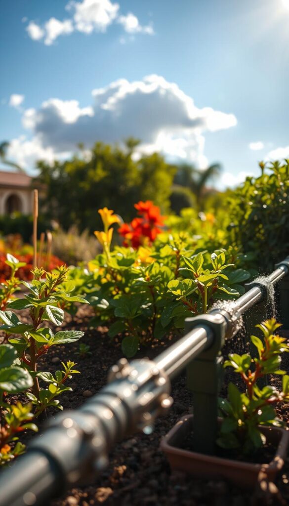 A lush garden in a warm, sunny climate. In the foreground, a well-designed, efficient drip irrigation system waters the thirsty plants, delivering water precisely where it's needed. The middle ground showcases vibrant, drought-tolerant flora adapted to the intense heat, their leaves glistening with water droplets. In the background, a shimmering blue sky with fluffy clouds adds to the serene, calming atmosphere. Warm, golden sunlight bathes the scene, creating dramatic shadows and highlighting the verdant foliage. The overall mood is one of harmony, where nature and technology work in perfect synergy to sustain a thriving, heat-resilient landscape. A lush garden in a warm, sunny climate. In the foreground, a well-designed, efficient drip irrigation system waters the thirsty plants, delivering water precisely where it's needed. The middle ground showcases vibrant, drought-tolerant flora adapted to the intense heat, their leaves glistening with water droplets. In the background, a shimmering blue sky with fluffy clouds adds to the serene, calming atmosphere. Warm, golden sunlight bathes the scene, creating dramatic shadows and highlighting the verdant foliage. The overall mood is one of harmony, where nature and technology work in perfect synergy to sustain a thriving, heat-resilient landscape.