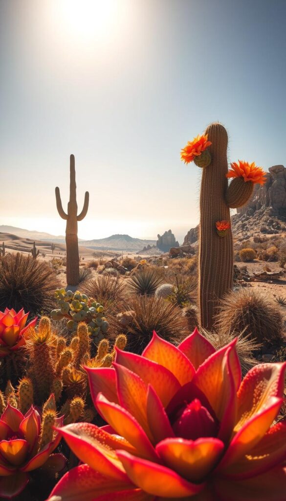 A lush, sun-drenched desert landscape showcasing the remarkable adaptations of plants thriving in extreme heat. In the foreground, a vibrant succulent with thick, fleshy leaves glistens under the scorching sun, its intricate patterns and textures capturing the essence of drought resistance. The middle ground reveals a hardy, spiny cactus reaching skyward, its sturdy branches and vibrant blooms a testament to its resilience. In the distance, a shimmering horizon frames a rugged, arid terrain, where wind-swept dunes and weathered rock formations create a sense of harsh beauty. Warm, diffused lighting casts dramatic shadows, accentuating the sculptural forms of these remarkable botanical specimens. The overall scene conveys the remarkable capacity of plants to adapt and thrive in the most extreme climatic conditions. A lush, sun-drenched desert landscape showcasing the remarkable adaptations of plants thriving in extreme heat. In the foreground, a vibrant succulent with thick, fleshy leaves glistens under the scorching sun, its intricate patterns and textures capturing the essence of drought resistance. The middle ground reveals a hardy, spiny cactus reaching skyward, its sturdy branches and vibrant blooms a testament to its resilience. In the distance, a shimmering horizon frames a rugged, arid terrain, where wind-swept dunes and weathered rock formations create a sense of harsh beauty. Warm, diffused lighting casts dramatic shadows, accentuating the sculptural forms of these remarkable botanical specimens. The overall scene conveys the remarkable capacity of plants to adapt and thrive in the most extreme climatic conditions.