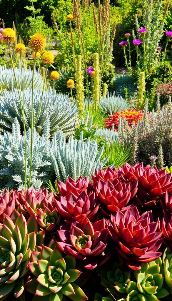 A lush, sun-drenched garden showcasing a vibrant selection of heat-tolerant plant species. In the foreground, a variety of succulent rosettes with intricate patterns of leaves in shades of green, red, and purple. In the middle ground, tall stalks of drought-resistant flowering plants, their colorful blooms swaying gently in a warm breeze. The background features a diverse mix of perennials and shrubs, their foliage ranging from silvery-gray to deep emerald, all thriving under the brilliant sun illuminating the scene. The overall composition conveys a sense of resilience and natural beauty, perfectly capturing the essence of a carefully curated, sun-resistant garden. A lush, sun-drenched garden showcasing a vibrant selection of heat-tolerant plant species. In the foreground, a variety of succulent rosettes with intricate patterns of leaves in shades of green, red, and purple. In the middle ground, tall stalks of drought-resistant flowering plants, their colorful blooms swaying gently in a warm breeze. The background features a diverse mix of perennials and shrubs, their foliage ranging from silvery-gray to deep emerald, all thriving under the brilliant sun illuminating the scene. The overall composition conveys a sense of resilience and natural beauty, perfectly capturing the essence of a carefully curated, sun-resistant garden.