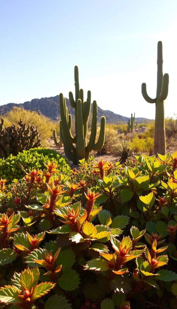 A lush, verdant landscape bathed in warm, golden sunlight. In the foreground, a thriving garden bed bursting with vibrant, heat-tolerant plants - their leaves glistening with moisture, their stems strong and resilient. Towering cacti and succulents dot the middle ground, their unique shapes and textures adding depth and visual interest. In the background, a cloudless sky fades into rugged, sun-baked terrain, hinting at the challenging yet ideal growing conditions. The scene conveys a sense of harmony and balance, where the plants seem perfectly adapted to their environment, their needs for optimal growth and development fully met. A lush, verdant landscape bathed in warm, golden sunlight. In the foreground, a thriving garden bed bursting with vibrant, heat-tolerant plants - their leaves glistening with moisture, their stems strong and resilient. Towering cacti and succulents dot the middle ground, their unique shapes and textures adding depth and visual interest. In the background, a cloudless sky fades into rugged, sun-baked terrain, hinting at the challenging yet ideal growing conditions. The scene conveys a sense of harmony and balance, where the plants seem perfectly adapted to their environment, their needs for optimal growth and development fully met.