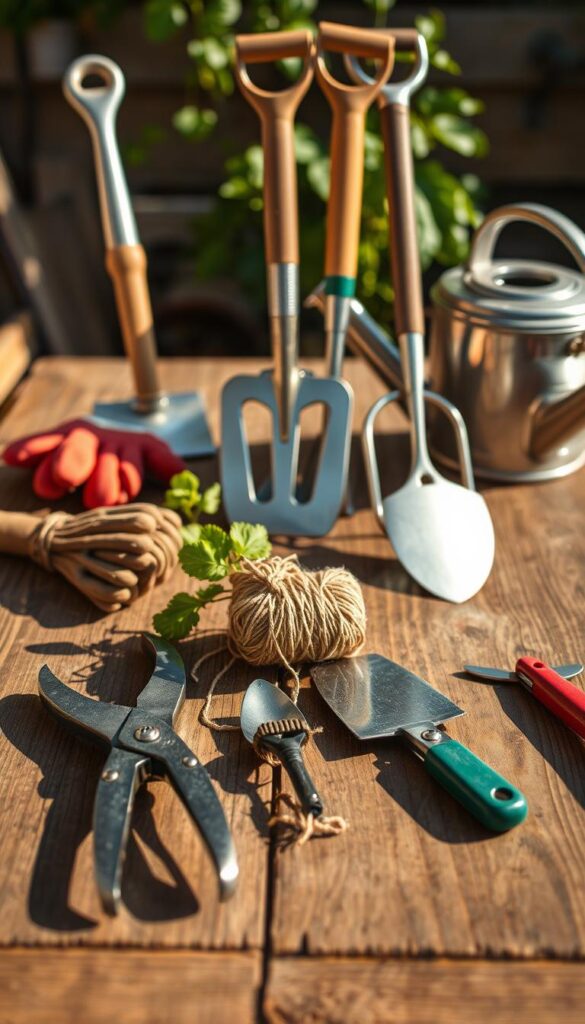 A neatly arranged display of gardening tools on a weathered wooden table, bathed in warm, natural light. In the foreground, a pair of pruning shears, a hand trowel, and a small cultivator lie alongside a bundle of twine. In the middle ground, a sturdy spade, a hoe, and a garden fork stand upright, their metal surfaces gleaming. In the background, a pair of gardening gloves and a watering can complete the scene, creating a visually appealing and informative composition that captures the essential tools for tending to a thriving vegetable garden. A neatly arranged display of gardening tools on a weathered wooden table, bathed in warm, natural light. In the foreground, a pair of pruning shears, a hand trowel, and a small cultivator lie alongside a bundle of twine. In the middle ground, a sturdy spade, a hoe, and a garden fork stand upright, their metal surfaces gleaming. In the background, a pair of gardening gloves and a watering can complete the scene, creating a visually appealing and informative composition that captures the essential tools for tending to a thriving vegetable garden.