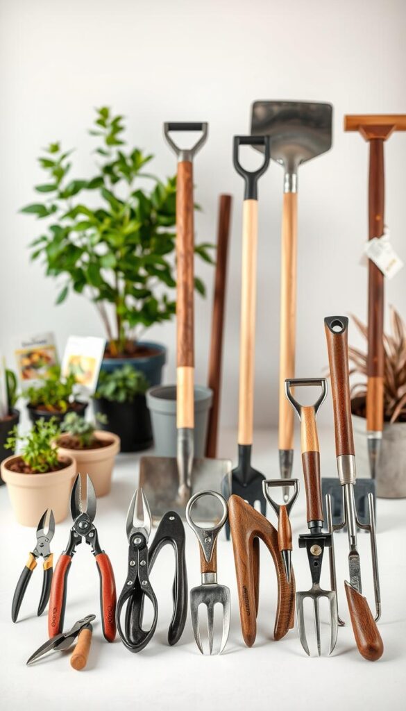 A neatly arranged display of various gardening tools against a clean, light background. In the foreground, a selection of high-quality hand tools such as pruners, trowels, and hand forks, showcasing their fine craftsmanship and attention to detail. In the middle ground, larger tools like shovels, rakes, and hoes stand upright, their wooden handles and metal heads gleaming under soft, natural lighting. The background features potted plants, a few seed packets, and a subtle, blurred organic texture, creating a sense of a well-tended garden. The overall composition conveys a professional, informative, and visually appealing comparison of the tools' features and capabilities. A neatly arranged display of various gardening tools against a clean, light background. In the foreground, a selection of high-quality hand tools such as pruners, trowels, and hand forks, showcasing their fine craftsmanship and attention to detail. In the middle ground, larger tools like shovels, rakes, and hoes stand upright, their wooden handles and metal heads gleaming under soft, natural lighting. The background features potted plants, a few seed packets, and a subtle, blurred organic texture, creating a sense of a well-tended garden. The overall composition conveys a professional, informative, and visually appealing comparison of the tools' features and capabilities.
