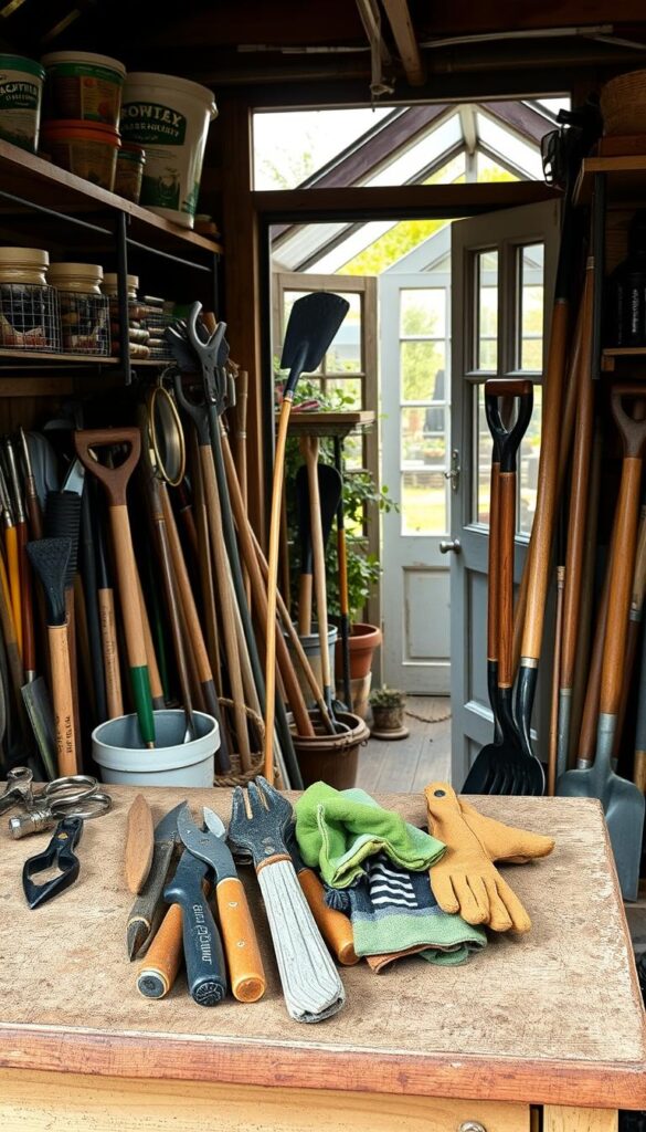 A neatly organized garden shed, its shelves brimming with an array of sustainable gardening tools. In the foreground, a collection of hand trowels, pruning shears, and gardening gloves sit atop a weathered workbench. The middle ground showcases a selection of spades, rakes, and hoes, their wooden handles weathered by time and use. In the background, a cozy greenhouse can be seen through a partially open door, its glass panes reflecting the warm glow of natural sunlight. The overall scene radiates a sense of purposeful organization and a commitment to eco-friendly, sustainable gardening practices. A neatly organized garden shed, its shelves brimming with an array of sustainable gardening tools. In the foreground, a collection of hand trowels, pruning shears, and gardening gloves sit atop a weathered workbench. The middle ground showcases a selection of spades, rakes, and hoes, their wooden handles weathered by time and use. In the background, a cozy greenhouse can be seen through a partially open door, its glass panes reflecting the warm glow of natural sunlight. The overall scene radiates a sense of purposeful organization and a commitment to eco-friendly, sustainable gardening practices.