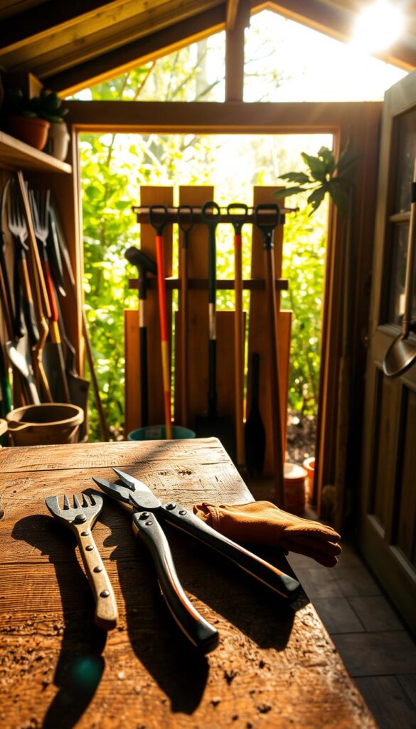 A vibrant garden shed filled with a variety of gardening tools carefully arranged on wooden shelves, casting warm shadows in the soft, diffused light streaming through the windows. In the foreground, a pair of pruning shears, a trowel, and a gardening glove sit atop a weathered workbench, conveying the sense of a well-used, functional space. The middle ground features a rack displaying various hand tools, from rakes to spades, while the background showcases lush greenery visible through the open shed doors, hinting at the thriving garden beyond. A vibrant garden shed filled with a variety of gardening tools carefully arranged on wooden shelves, casting warm shadows in the soft, diffused light streaming through the windows. In the foreground, a pair of pruning shears, a trowel, and a gardening glove sit atop a weathered workbench, conveying the sense of a well-used, functional space. The middle ground features a rack displaying various hand tools, from rakes to spades, while the background showcases lush greenery visible through the open shed doors, hinting at the thriving garden beyond.