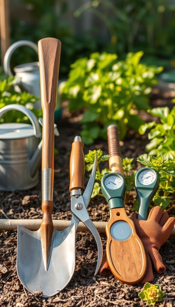 A well-lit, high-quality photograph showcasing a collection of durable gardening tools for a thriving vegetable garden. In the foreground, a sturdy spade, a pair of pruning shears, and a hand trowel made of heavy-duty materials like stainless steel and wood. In the middle ground, a watering can, a soil pH meter, and a pair of thick gardening gloves, all designed for longevity and ease of use. In the background, a lush, green garden bed with healthy plants and rich soil, bathed in warm, natural lighting that accentuates the tools' rugged yet elegant aesthetic. The overall scene conveys a sense of hardiness, functionality, and a commitment to sustainable, long-lasting gardening practices. A well-lit, high-quality photograph showcasing a collection of durable gardening tools for a thriving vegetable garden. In the foreground, a sturdy spade, a pair of pruning shears, and a hand trowel made of heavy-duty materials like stainless steel and wood. In the middle ground, a watering can, a soil pH meter, and a pair of thick gardening gloves, all designed for longevity and ease of use. In the background, a lush, green garden bed with healthy plants and rich soil, bathed in warm, natural lighting that accentuates the tools' rugged yet elegant aesthetic. The overall scene conveys a sense of hardiness, functionality, and a commitment to sustainable, long-lasting gardening practices.