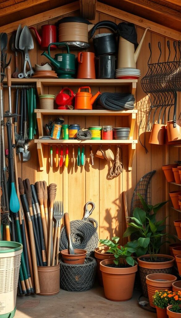 A well-organized garden shed, its shelves brimming with an array of gardening accessories. Meticulously arranged tools, from hand trowels and pruning shears to watering cans in vibrant hues. Coils of sturdy rope, mesh trellises, and terracotta pots in various sizes line the walls, casting soft shadows under warm, natural lighting. The space exudes an air of productivity and effortless organization, inviting the viewer to envision the flourishing garden these tools will cultivate. A well-organized garden shed, its shelves brimming with an array of gardening accessories. Meticulously arranged tools, from hand trowels and pruning shears to watering cans in vibrant hues. Coils of sturdy rope, mesh trellises, and terracotta pots in various sizes line the walls, casting soft shadows under warm, natural lighting. The space exudes an air of productivity and effortless organization, inviting the viewer to envision the flourishing garden these tools will cultivate.