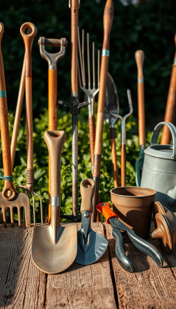 An assortment of high-quality gardening tools arranged in a well-lit, rustic setting. In the foreground, a sturdy spade, pruning shears, and a hand trowel sit atop a weathered wooden surface. Behind them, a mix of garden hoes, rakes, and a watering can stand upright, casting soft shadows. The middle ground features a backdrop of lush greenery, hinting at a thriving vegetable garden. Warm, natural lighting illuminates the scene, creating a sense of quality, durability, and efficiency - the essential attributes of tools designed to enhance the gardening experience. An assortment of high-quality gardening tools arranged in a well-lit, rustic setting. In the foreground, a sturdy spade, pruning shears, and a hand trowel sit atop a weathered wooden surface. Behind them, a mix of garden hoes, rakes, and a watering can stand upright, casting soft shadows. The middle ground features a backdrop of lush greenery, hinting at a thriving vegetable garden. Warm, natural lighting illuminates the scene, creating a sense of quality, durability, and efficiency - the essential attributes of tools designed to enhance the gardening experience.