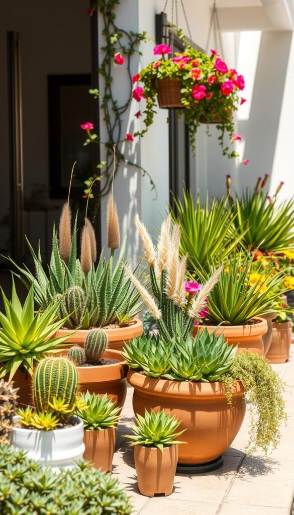 Exterior decoration with potted plants: a vibrant, sun-drenched scene featuring an array of lush, drought-resistant greenery arranged in terracotta and ceramic planters of varying sizes. The foreground showcases a carefully curated selection of thriving succulents, cacti, and ornamental grasses, their textures and colors creating a visually striking composition. In the middle ground, trailing vines and blooming flowers spill over the edges of hanging baskets, adding pops of vivid color. The background depicts a sun-dappled patio or balcony, with the architectural elements providing a clean, modern backdrop that enhances the natural elements. The overall atmosphere conveys a sense of serene, low-maintenance outdoor living, capturing the essence of a resilient, heat-loving garden. Exterior decoration with potted plants: a vibrant, sun-drenched scene featuring an array of lush, drought-resistant greenery arranged in terracotta and ceramic planters of varying sizes. The foreground showcases a carefully curated selection of thriving succulents, cacti, and ornamental grasses, their textures and colors creating a visually striking composition. In the middle ground, trailing vines and blooming flowers spill over the edges of hanging baskets, adding pops of vivid color. The background depicts a sun-dappled patio or balcony, with the architectural elements providing a clean, modern backdrop that enhances the natural elements. The overall atmosphere conveys a sense of serene, low-maintenance outdoor living, capturing the essence of a resilient, heat-loving garden.