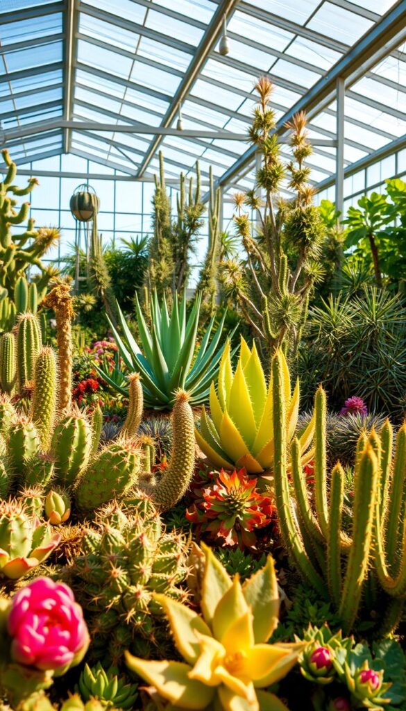 High-quality, high-resolution image of heat-resistant plants in a lush, vibrant greenhouse setting. The foreground features a variety of succulents and cacti in diverse shapes and colors, their thick, waxy leaves glistening under warm, directional lighting. The middle ground showcases tall, spindly aloe vera plants and drought-tolerant shrubs, casting intricate shadows across the scene. In the background, a glass-paneled ceiling allows natural sunlight to flood the space, creating a tranquil, serene atmosphere. The overall composition emphasizes the resilience and adaptability of these heat-loving plants, perfectly capturing the essence of "Descubriendo la importancia de las plantas resistentes al calor". High-quality, high-resolution image of heat-resistant plants in a lush, vibrant greenhouse setting. The foreground features a variety of succulents and cacti in diverse shapes and colors, their thick, waxy leaves glistening under warm, directional lighting. The middle ground showcases tall, spindly aloe vera plants and drought-tolerant shrubs, casting intricate shadows across the scene. In the background, a glass-paneled ceiling allows natural sunlight to flood the space, creating a tranquil, serene atmosphere. The overall composition emphasizes the resilience and adaptability of these heat-loving plants, perfectly capturing the essence of "Descubriendo la importancia de las plantas resistentes al calor".