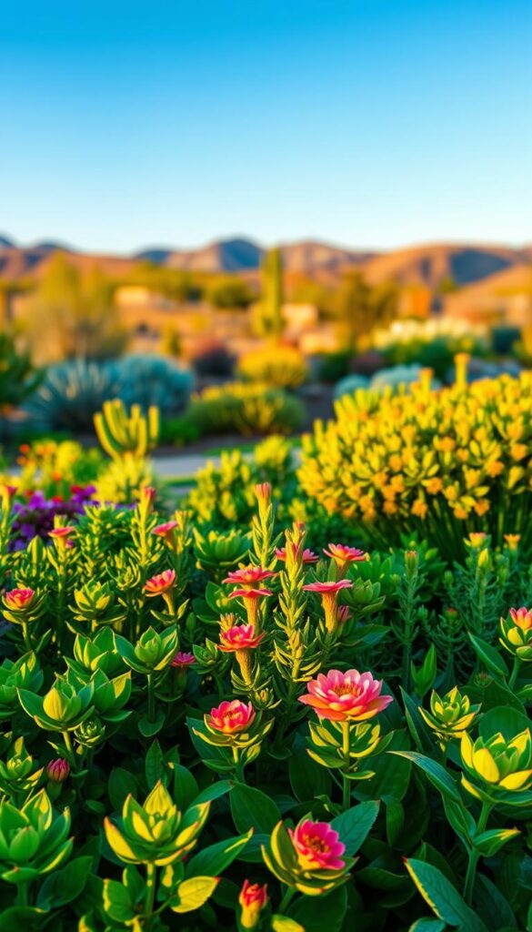 Lush verdant garden with thriving heat-resistant plants in the foreground, their vibrant foliage and blooms glistening under warm, golden afternoon lighting. In the middle ground, healthy succulents and drought-tolerant shrubs arranged in a visually appealing layout. The background features a gently blurred landscape with rolling hills, providing a sense of depth and tranquility. The overall scene conveys a sense of resilience and adaptation, showcasing practical tips for cultivating heat-resistant plants that can thrive in challenging climates. Lush verdant garden with thriving heat-resistant plants in the foreground, their vibrant foliage and blooms glistening under warm, golden afternoon lighting. In the middle ground, healthy succulents and drought-tolerant shrubs arranged in a visually appealing layout. The background features a gently blurred landscape with rolling hills, providing a sense of depth and tranquility. The overall scene conveys a sense of resilience and adaptation, showcasing practical tips for cultivating heat-resistant plants that can thrive in challenging climates.